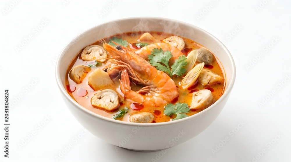 Fototapeta premium Authentic Thai Tom Yum Goong Soup with Large Prawns Isolated on Pure White Background