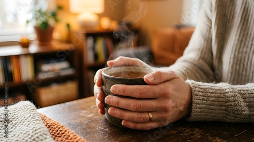 Person holding a steaming cup of coffee in a cozy room