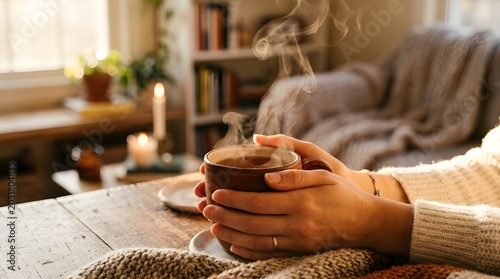 Person holding a steaming cup of tea in a cozy living room