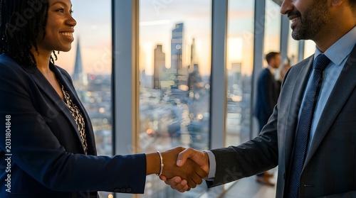 Two business professionals shaking hands in an office