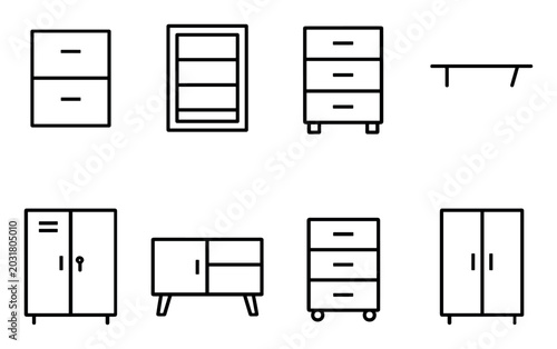 Home furniture icons with drawer cabinet bench outline