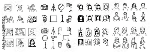 Portrait studio icons with camera tripod light outline