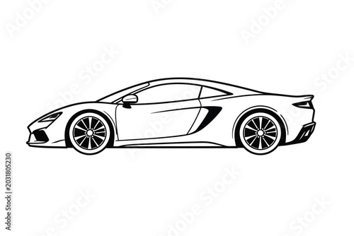 Sports car line art vector illustration. Luxury supercar side view outline icon.