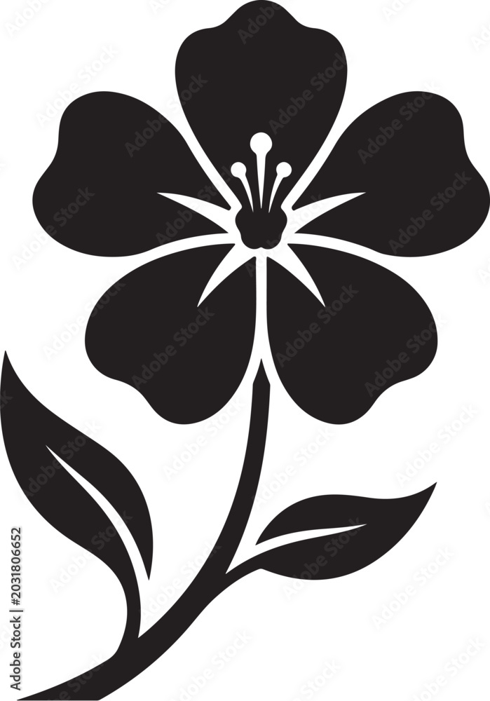 Fototapeta premium Flower blossom vector illustration, elegant black silhouette of blooming plant with petals, stem, and leaves isolated.