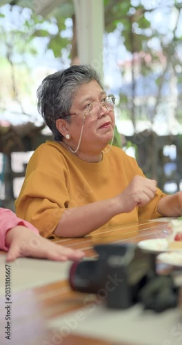 Senior asian woman speaking across cafe table during dessert reunion, raising hand while sharing life update, concern, encouragement, companionship, emotional support, warm friendship in retirement