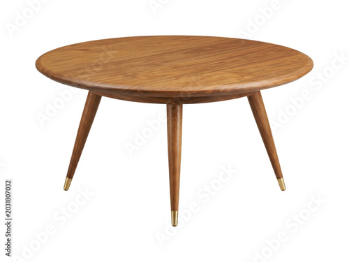 Mid Century Modern Round Wooden Coffee Table with Brass Leg Caps Isolated on Transparent Background