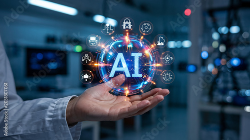 AI Sphere with Icons Held in Hand