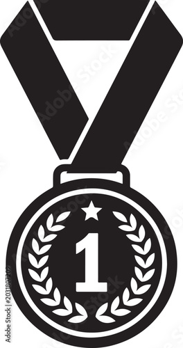 Black silhouette of a first-place medal with a number one and a star in a laurel wreath on a clear background.
