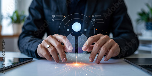 Business Professional Interacting with Futuristic User Interface