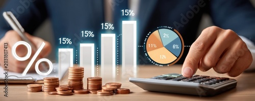 Business finance concept with calculator, stacked coins and percentage growth chart for planning