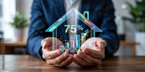Businessman Holding a Transparent House with 75% Growth Chart