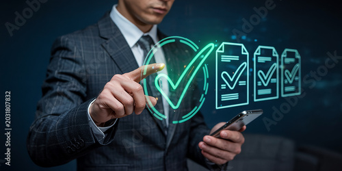 Businessman Interacting with Digital Checklist and Approvals