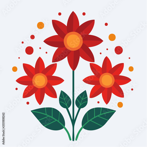 Stylized Red Flowers with Orange Centers and Green Leaves