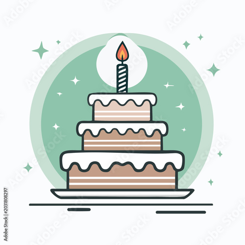 Three Tier Birthday Cake with Candle Illustration
