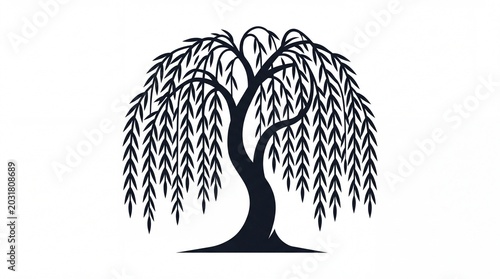 Elegant black silhouette of a weeping willow tree illustrated in a minimal style on white background