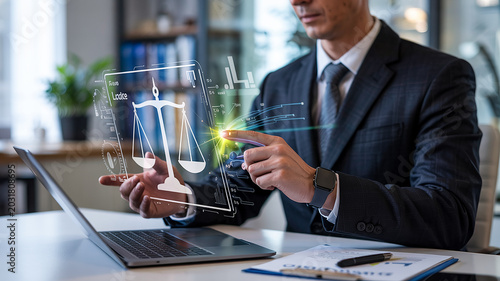 Lawyer Using Digital Scales of Justice Interface