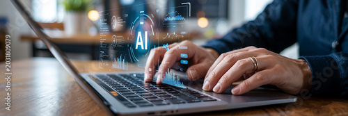 Person using laptop with AI data visualization overlay