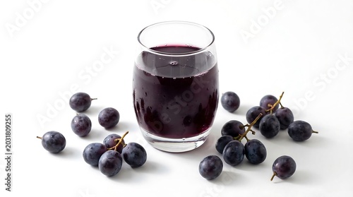 Refreshing glass of dark purple grape juice captured in a bright studio photograph featuring clusters of fresh organic fruit arranged carefully around the base for a clean and healthy presentation.