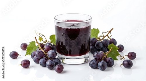 Refreshing glass of dark purple grape juice surrounded by clusters of ripe organic grapes with green leaves in this bright studio shot capturing a healthy beverage for a summer day
