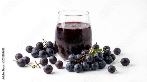 Refreshing glass of dark purple grape juice served in a clear stemless container surrounded by several clusters of fresh ripe grapes arranged neatly on a surface for this food photograph.