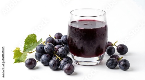 Refreshing glass of dark purple grape juice served beside a cluster of fresh organic grapes with vibrant green leaves captured in this crisp and clear professional studio product photography shot.