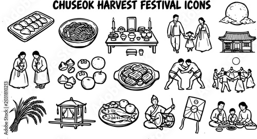 Photos Traditional Korean Chuseok Harvest Festival Black and White Line Art Icons Set -