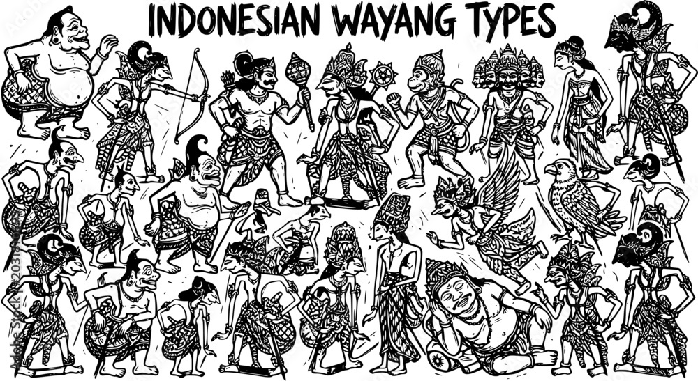 Fototapeta premium Indonesian Wayang Types Black and White Line Art Illustration - Cultural Tradition