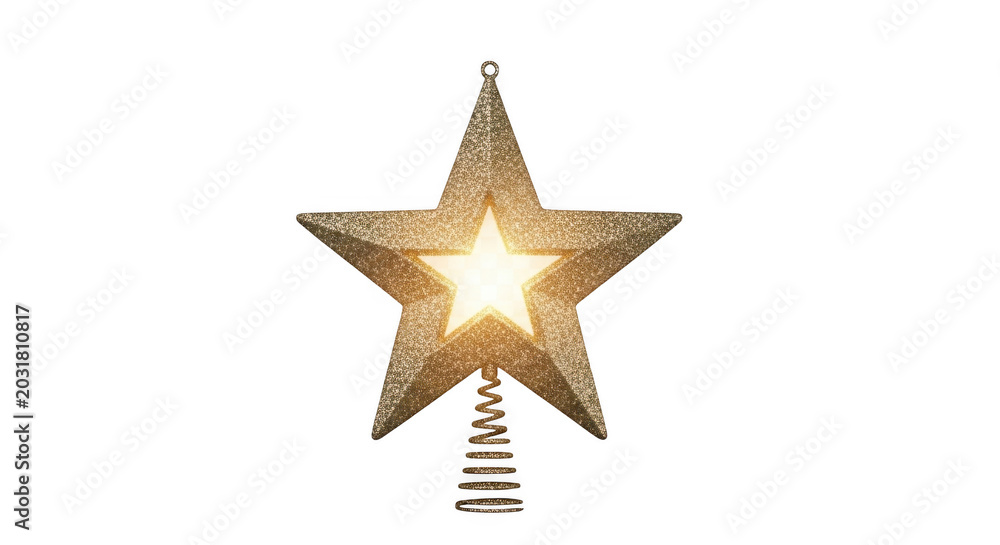 Obraz premium Glowing gold glitter christmas tree topper star ornament with a spiral wire base isolated against a solid black background