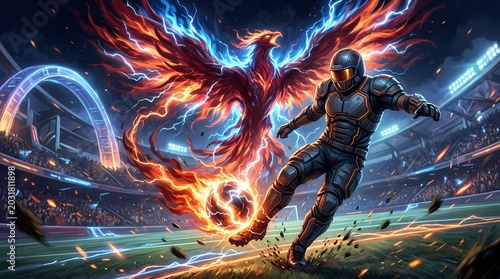 Futuristic soccer player kicking a flaming ball with a phoenix energy spirit