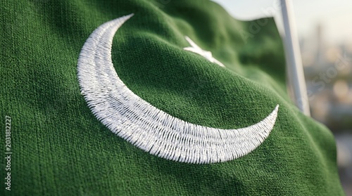 Pakistan Flag Crescent – Embroidered Detail & Green Field for Art & Decor
