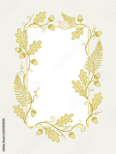 Illustration of rectangle frame surrounded with leaves, ferns, vines, and small acorns outlines, hand-drawn style in soft earthy tones, with copy space at the center.