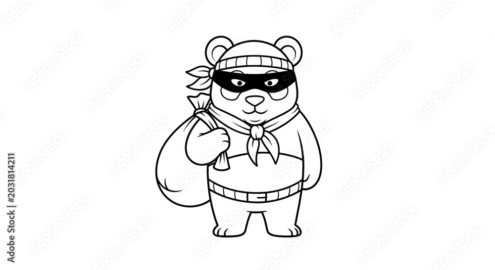 Fototapeta premium Cartoon Bear Bandit with Loot Bag, Wearing Mask and Bandana