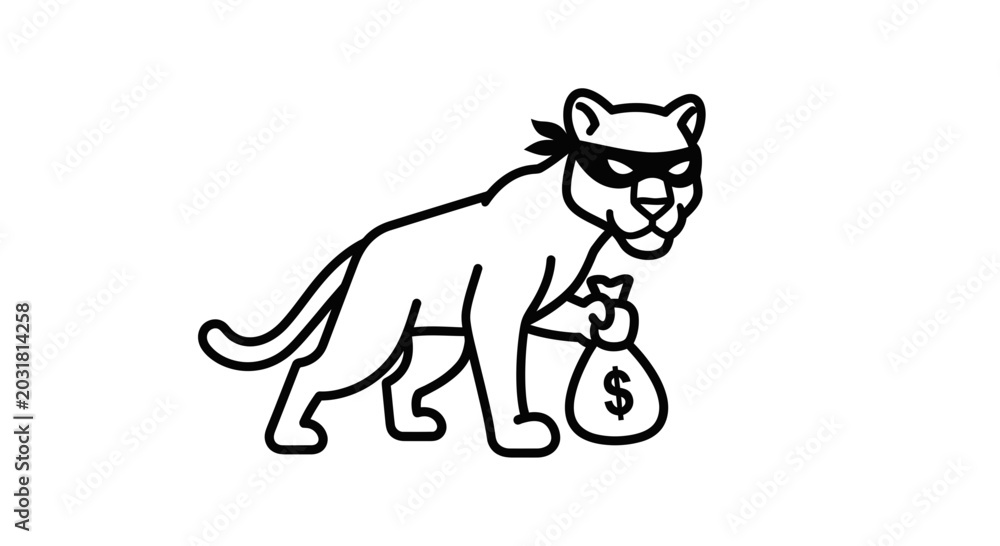 Naklejka premium Cartoon Panther Thief with Money Bag, Bandit Animal Illustration
