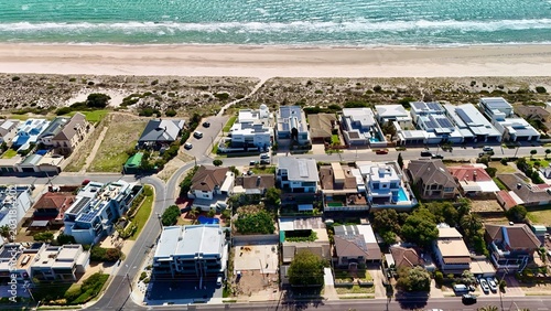 Obraz na płótnie West Lakes, South Australia: 4K aerial drone view of coastal suburb, shore, cana