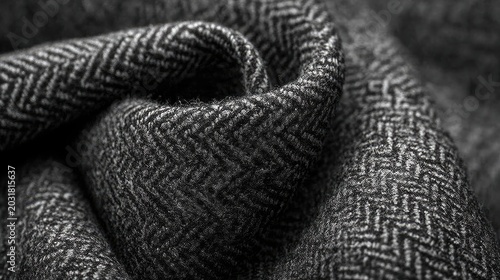 Herringbone wool texture, grey tweed suit fabric, zigzag weave pattern, classic fashion background, elegant textile 