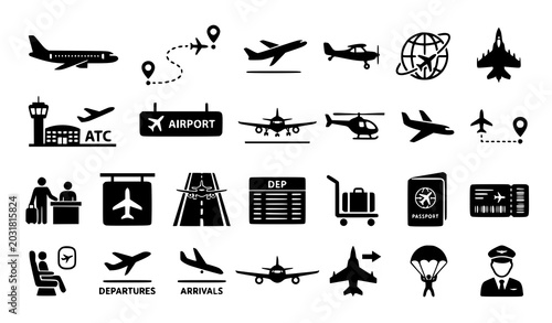 Canvastavla Plane icon vector set with airplane flight transport symbols isolated on white