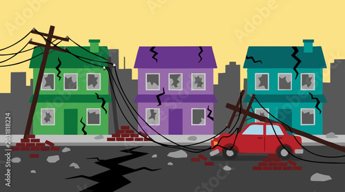 Schilderij op canvas Illustration of earthquake devastation in an urban neighborhood
