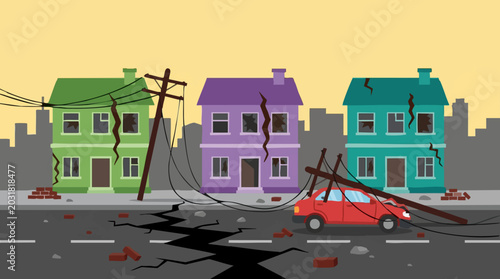 Tableau sur toile Earthquake disaster scene with damaged houses, fallen poles, and cracked road