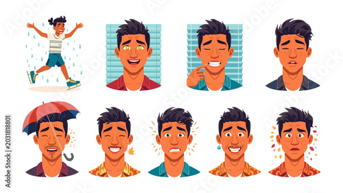Foto Diverse Emotions Collection: A dynamic illustration showcasing a young man's varied emotional spectrum, from joy in the rain to concern under an umbrella, capturing the complexity of human feeling