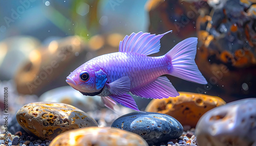 Vibrant blue ram cichlid fish swimming in a freshwater aquarium scene