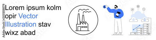 Industry automation, data management, cloud services, digital innovation, workflow optimization, futuristic solutions. Factory icon, person with data sphere cloud operations. Industry automation