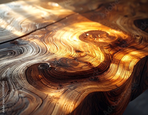 Wooden table with natural light shining.