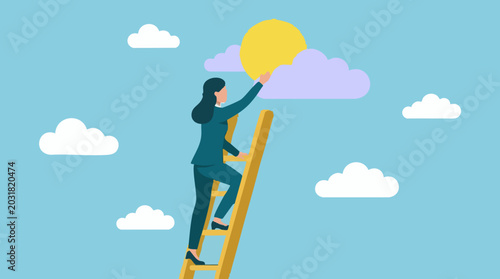Fotografie Businesswoman climbing ladder towards sun, reaching for success and ambition