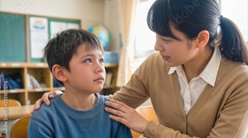 Empathetic woman comforting crying boy in elementary classroom. Supportive teacher or mother consoling upset child during school day.
