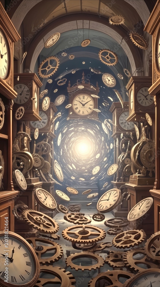 Obraz premium Grandfather clocks and mechanical gears floating through stone hallway toward bright light portal. Surreal concept of time travel and eternity.