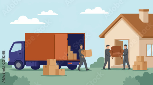 Bild auf Leinwand Professional movers unloading truck and carrying furniture into a new home