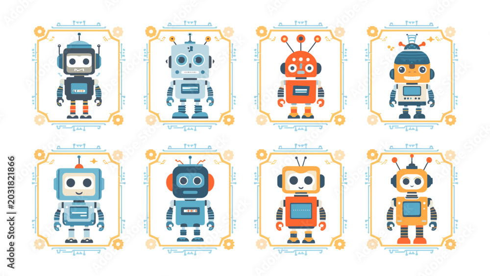 Fototapeta premium Robot Collection: A charming collection of eight diverse robot illustrations, each presented in a decorative frame, showcasing a variety of designs and personalities in a playful.