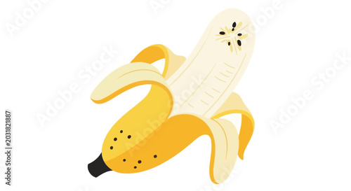 Cartoonish banana fruit illustration with peel removed and ready to eat isolated
