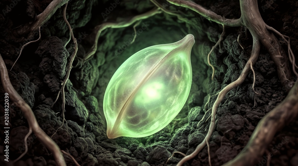 Fototapeta premium Bioluminescent seed pod buried deep underground among tangled tree roots.