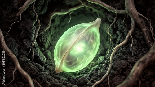 Bioluminescent seed pod buried deep underground among tangled tree roots.